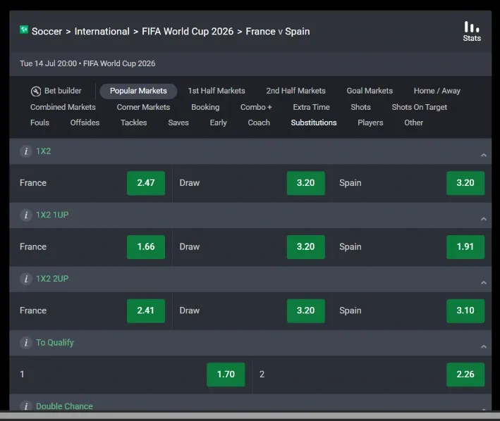 Bet9ja odds for the France vs England World Cup semi-final showing the 1X2 betting market.