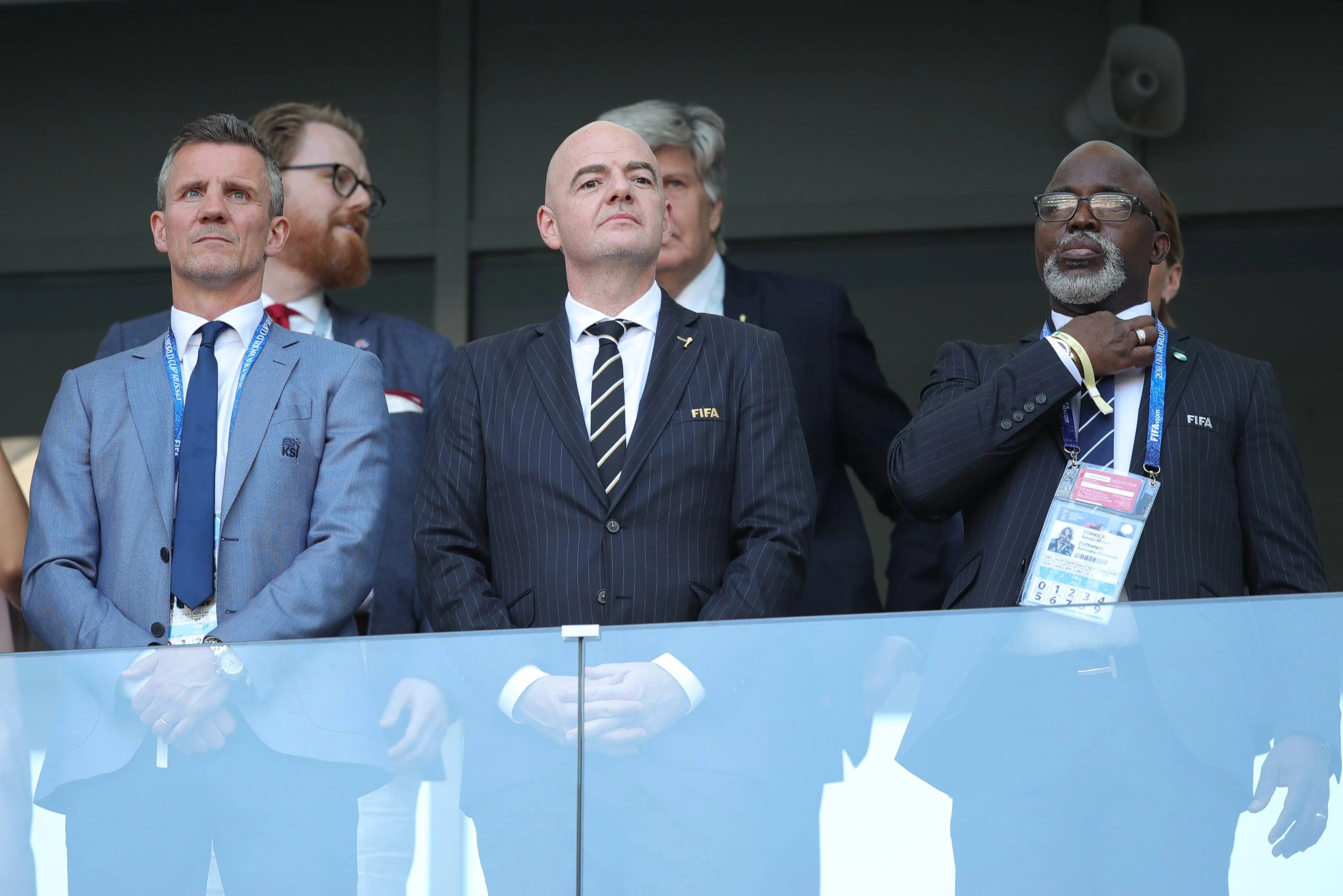 FIFA President Gianni Infantino, and Nigeria Football Federation (NFF) President Amaju Melvin Pinnick (L-R) watch the 2018 FIFA World Cup