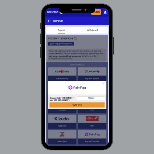 Paripesa depositing ₦50,000 with PalmPay.