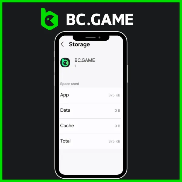 BC.Game app storage details displayed on a smartphone, showing minimal space usage with the app occupying 375 KB, and both data and cache using 0 B.
