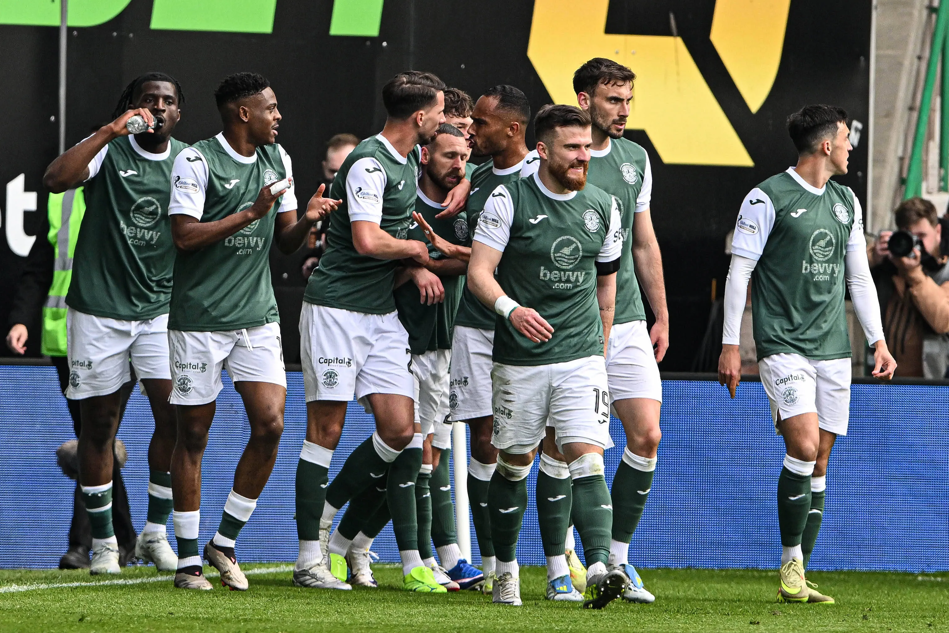 Hibernian v Heart of Midlothian William Hill Premiership Martin Boyle of Hibernian scores his sides opening goal and celebrates his goal with teammates during the William Hill Premiership match at Easter Road.