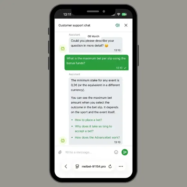 Melbet mobile customer support chat showing a user asking about the maximum bet using bonus funds and receiving an instant reply from the chatbot.