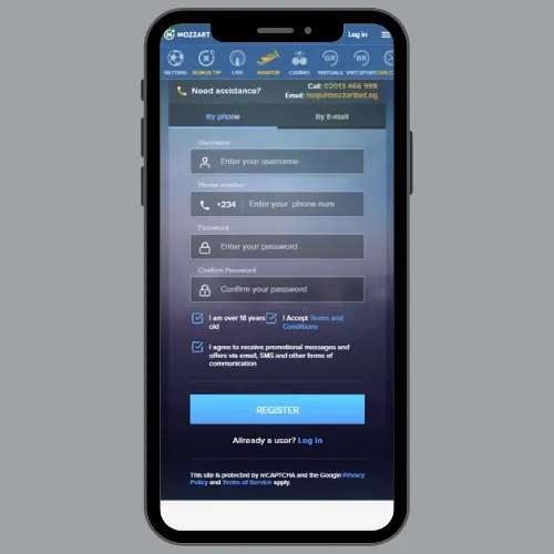 Mozzartbet registration for new users with fields for username, phone number, and password
