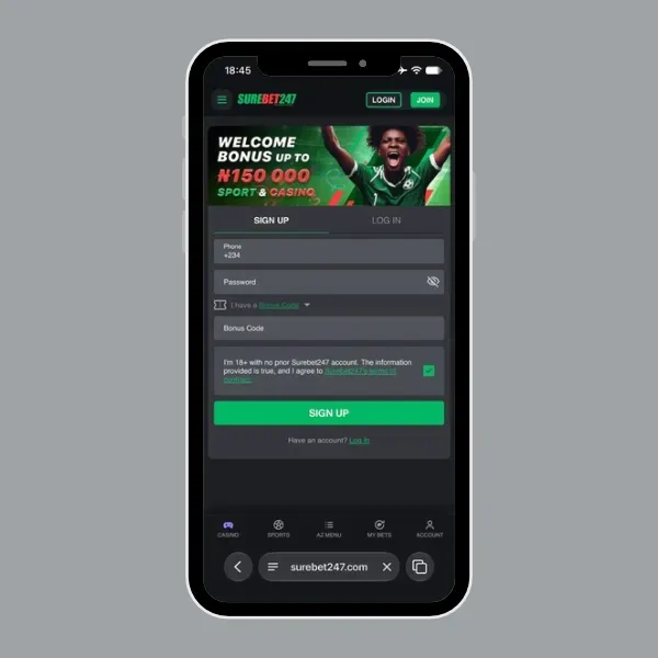 Registration form showing where to input the Surebet247 bonus code.