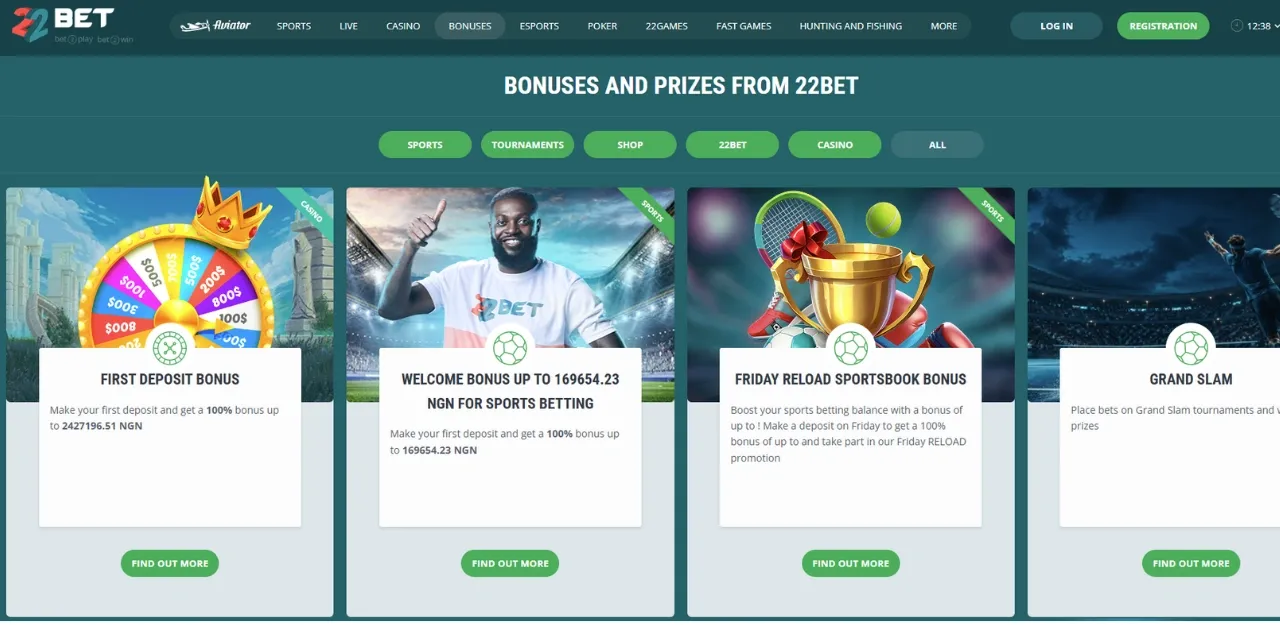 22Bet bonuses page with First deposit bonus, welcome bonus for sports, and other bonuses.