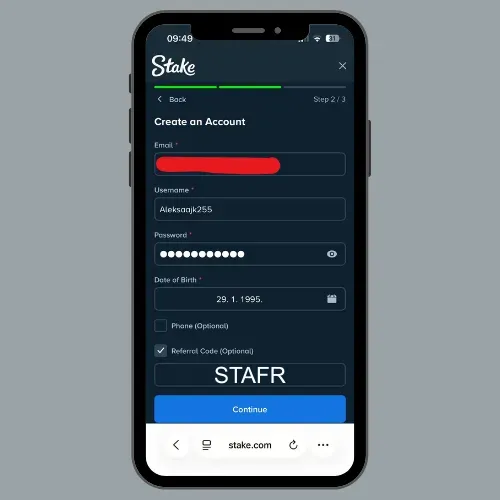 Stake.com promo code registration showing a username and a STAFR promo code