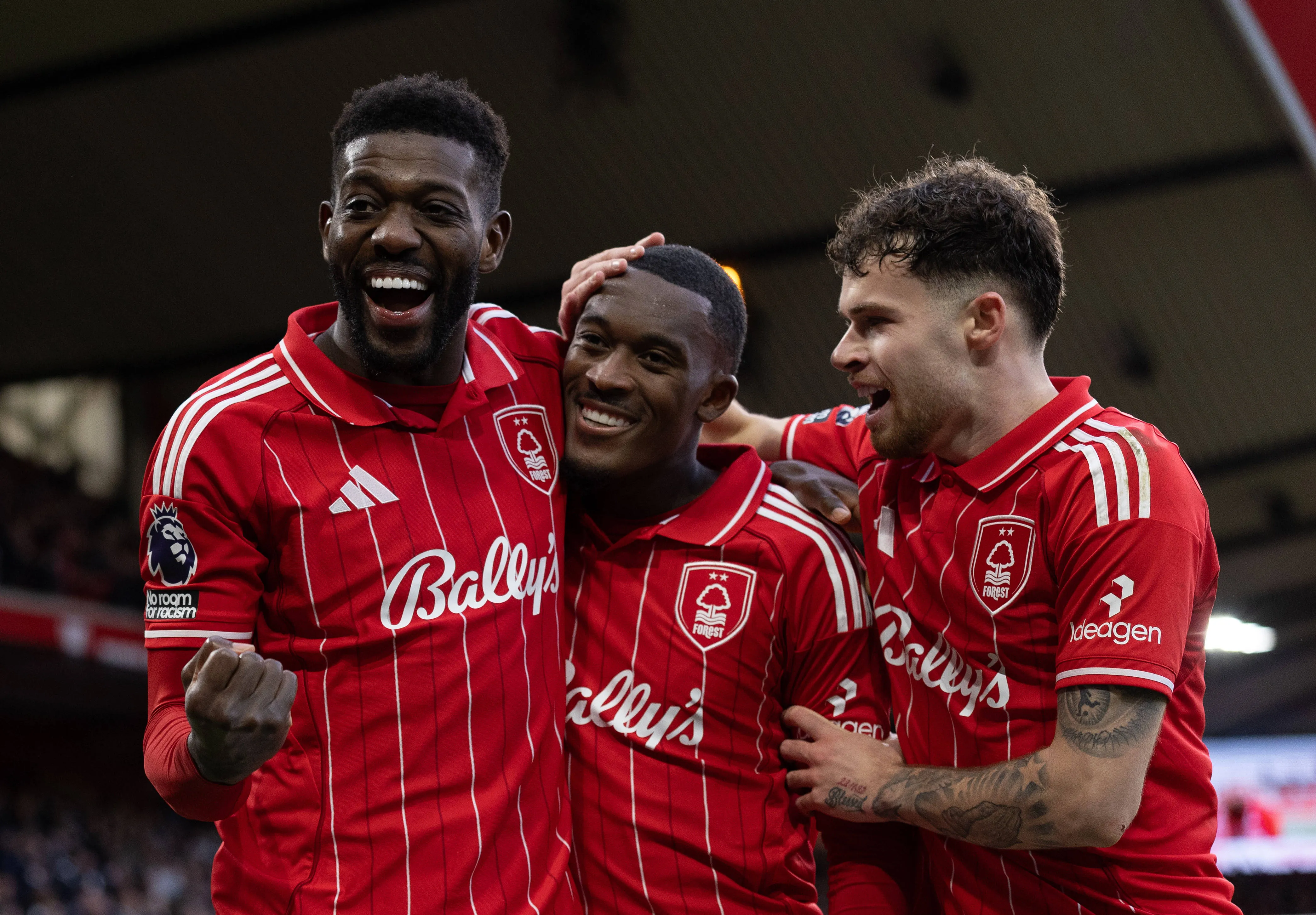 Nottingham Forest v Tottenham Hotspur - Premier League, Callum Hudson-Odoi of Nottingham Forest celebrates scoring his team s second goal with teammates Ibrahim Sangare and Neco Williams