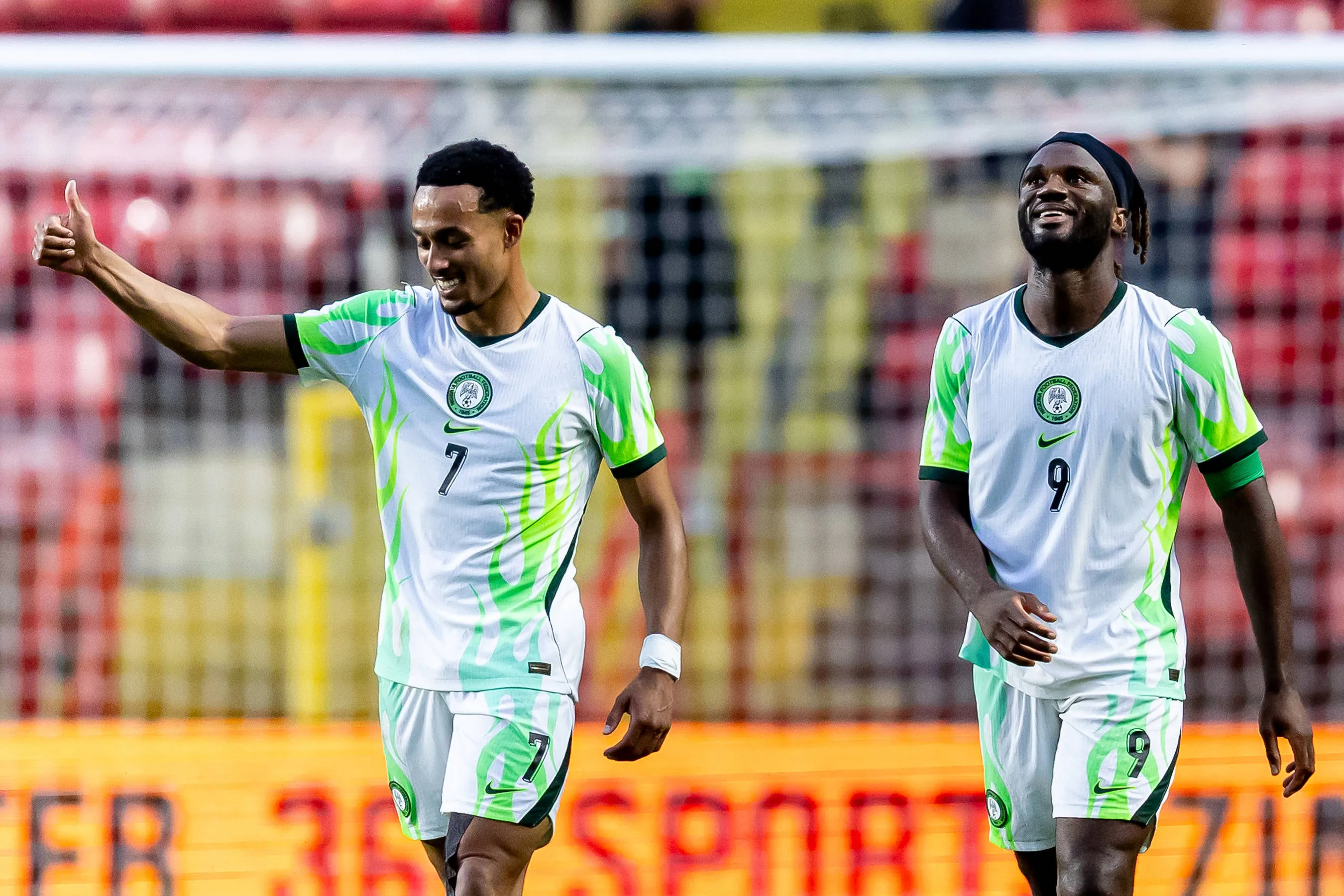 Super Eagles stars Femi Azeez and Terem Moffi 