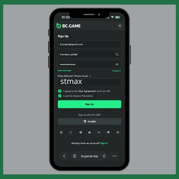 BC Game promo code stmax entered on  registration page Nigeria