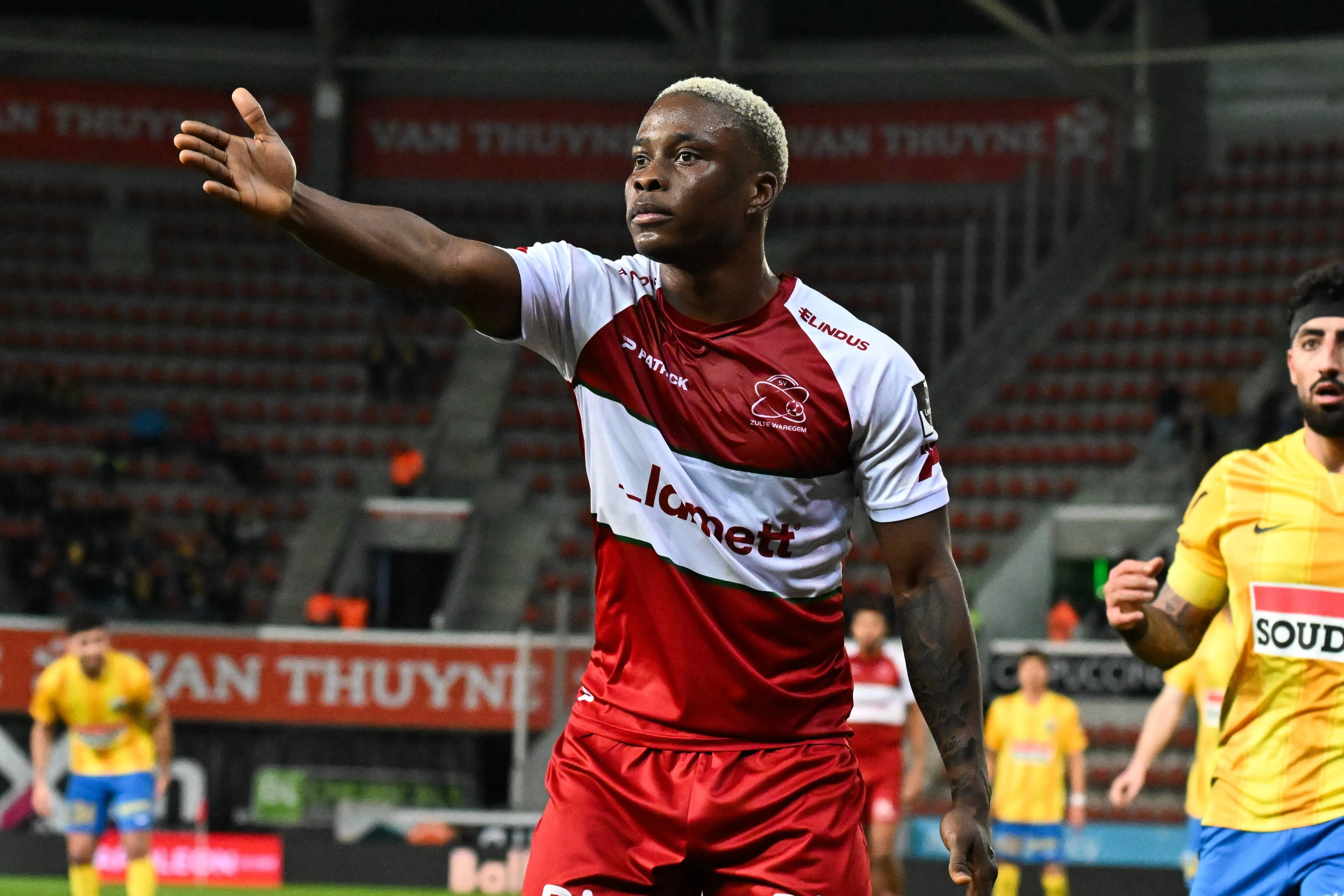 Tochukwu Nnadi pictured during a soccer match between SV Zulte Waregem and KVC Westerlo