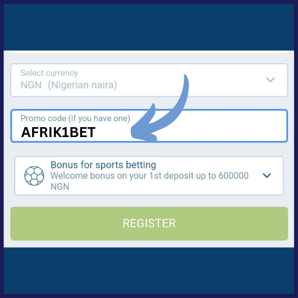 Registration form with the 1xbet promo code ‘AFRIK1BET’ and a sports betting bonus offer.