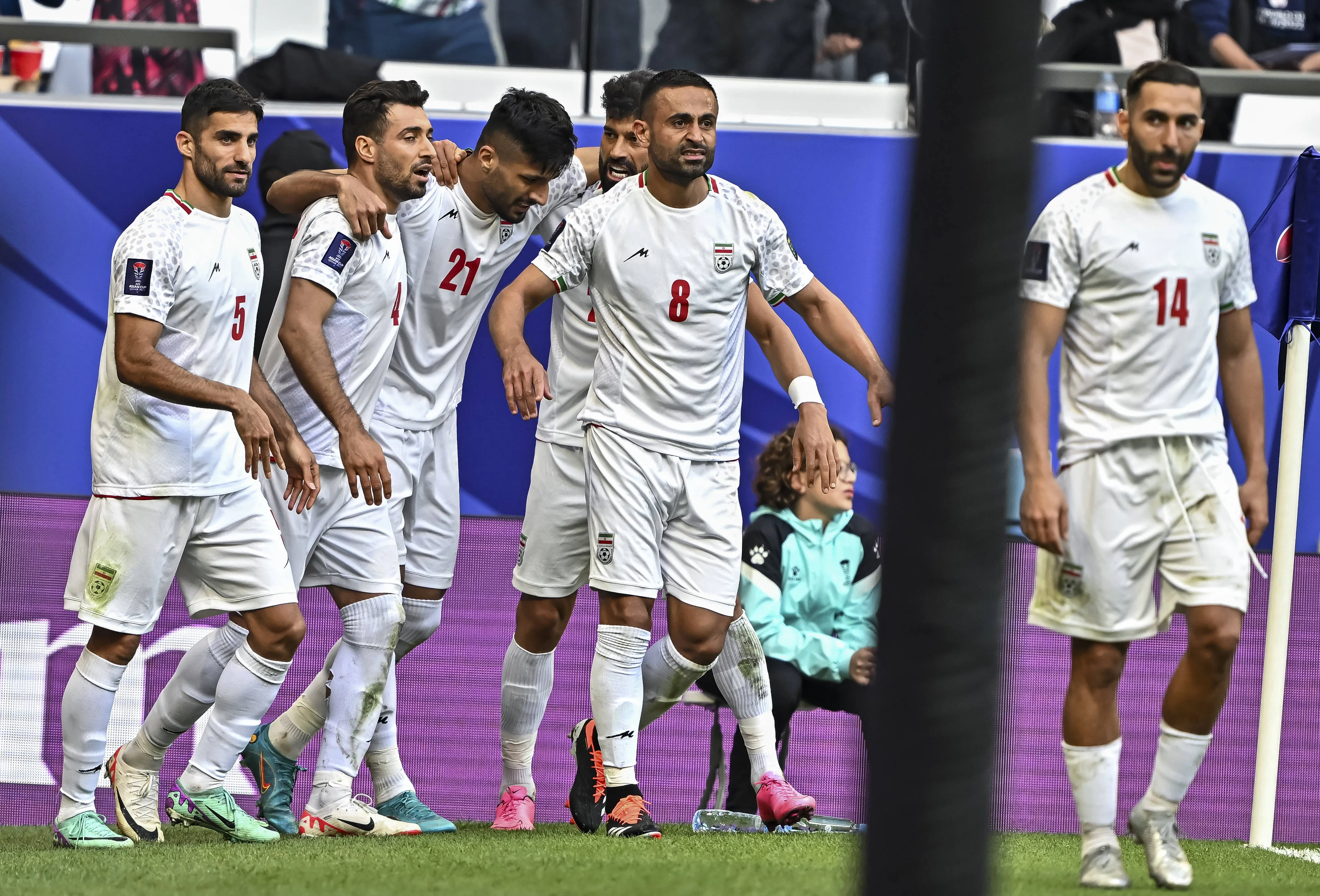 Mohammad Mohebbi  21 of Iran is celebrating with his teammates after scoring a goal during the AFC Asian Cup 2023 Quarter-Final match between Japan and Iran