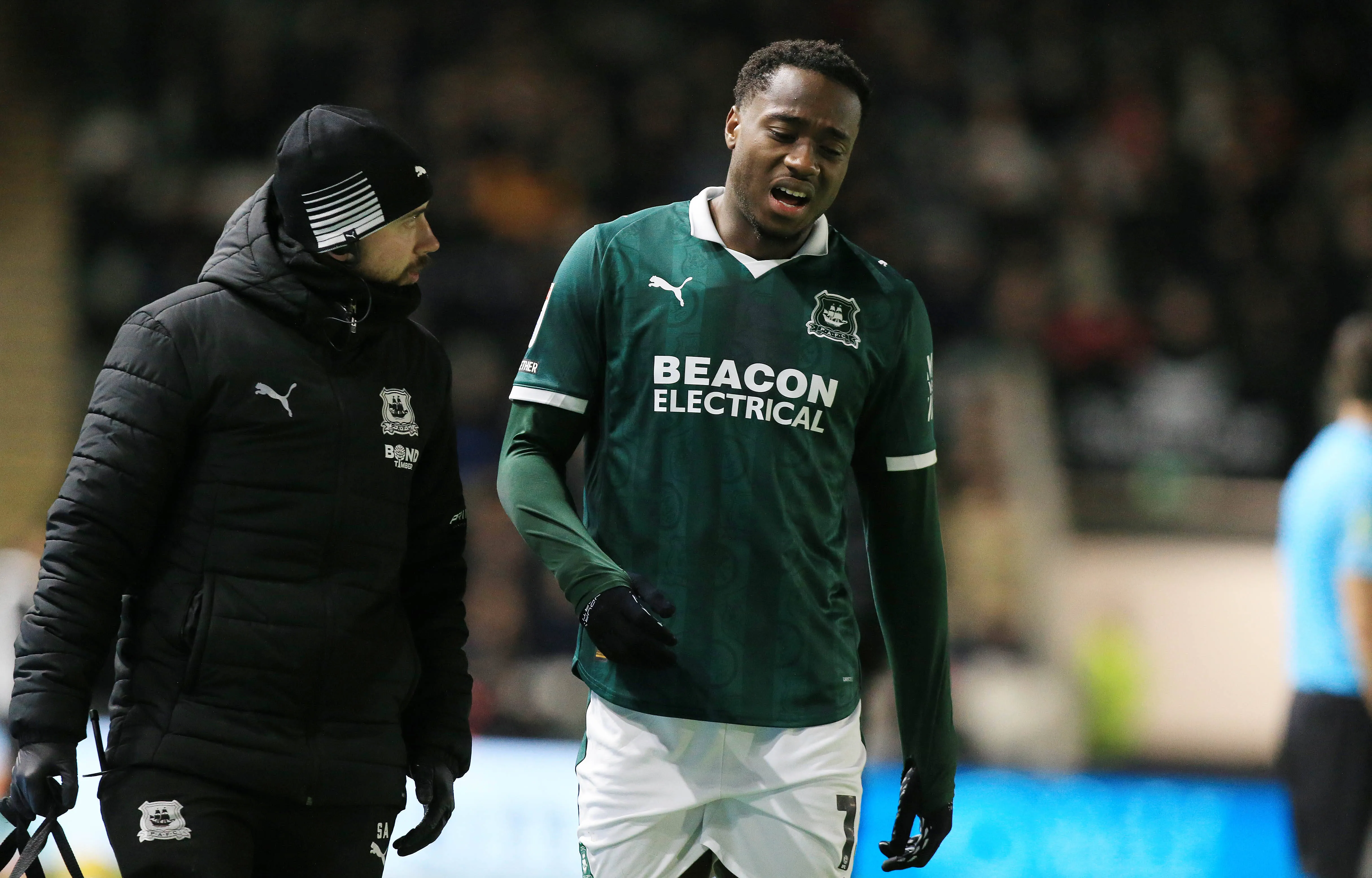 Owen Oseni of Plymouth Argyle limps off during the SKY Bet League 1 match between Plymouth Argyle and Wycombe Wanderers