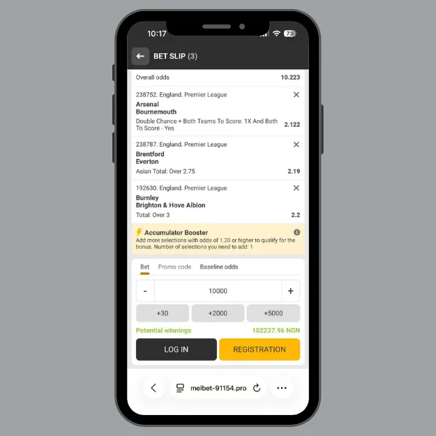 Melbet mobile bet slip showing a Premier League accumulator used to clear the welcome bonus wagering requirements