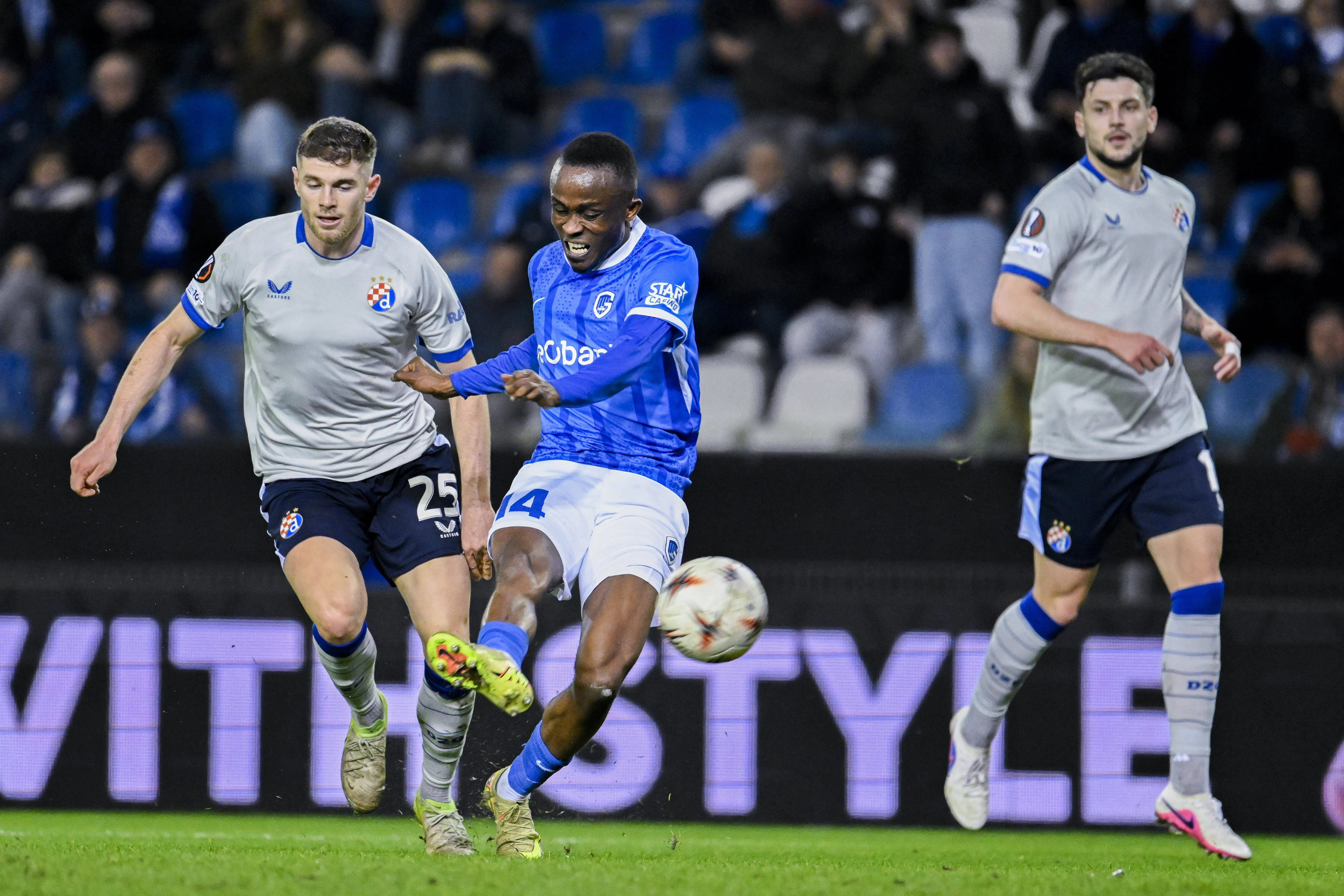 Valincic Moris defender of Dinamo Zagreb and Sor Yira midfielder of KRC Genk in action during the UEFA Europa League 2025/26 knockout phase play-off match second leg between KRC Genk and Dinamo Zagreb on February 26, 2026 in Genk, Belgium