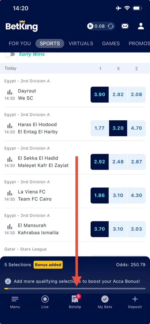 Second step in betting on the BetKing App