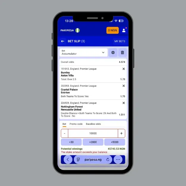 Paripesa Nigeria app showing a 3-selection Premier League accumulator bet slip with 4.574 combined odds and potential winnings of ₦45,745 NGN


