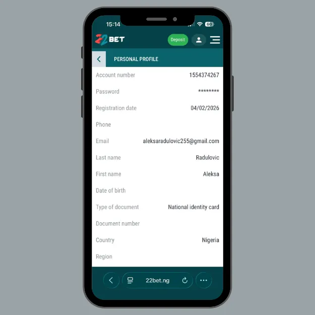 22bet perosnal profile