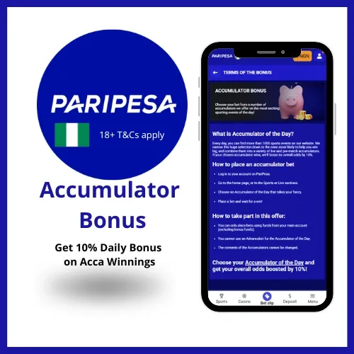 Paripesa accumulator bonus that gives 10% daily bonus on accumulator bet slip winnings.