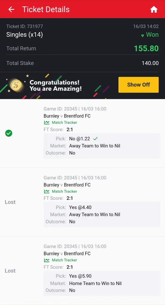 Home Team to Win to Nil betslip