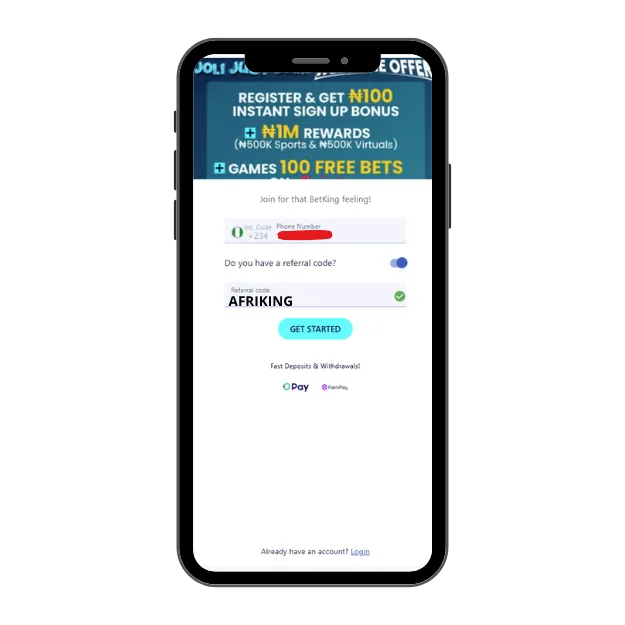 Betking registration form with AFRIKING entered in the referral code field.