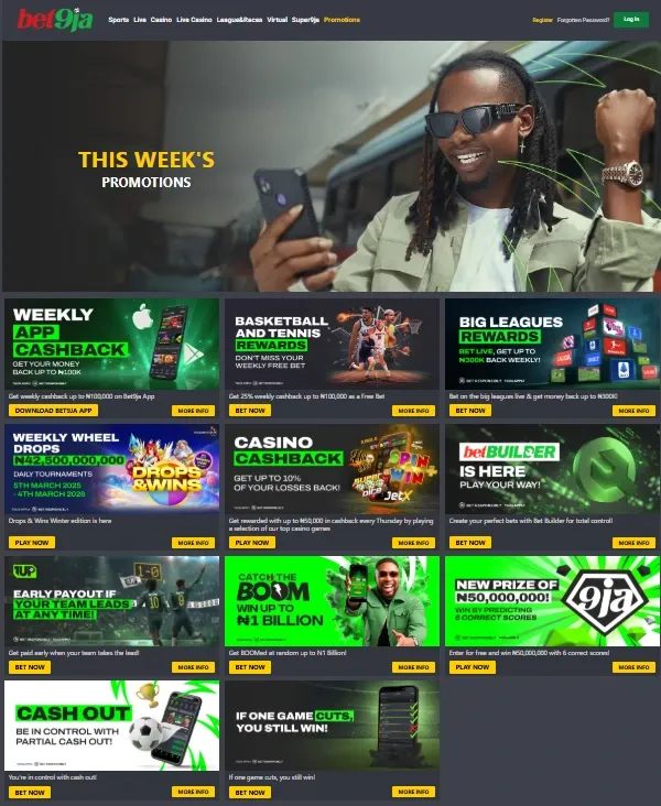 Bet9ja promotions page showing current offers for existing players.
