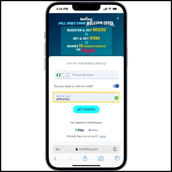 BetKing referral code AFRIKING entered in the registration form and highlighted with a yellow square.