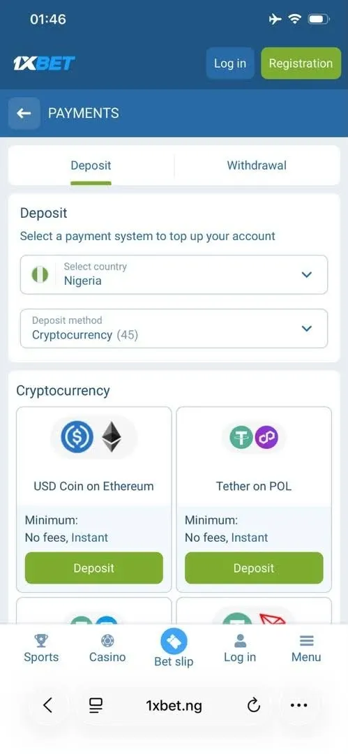 1xBet payments screen showing cryptocurrency deposit options.