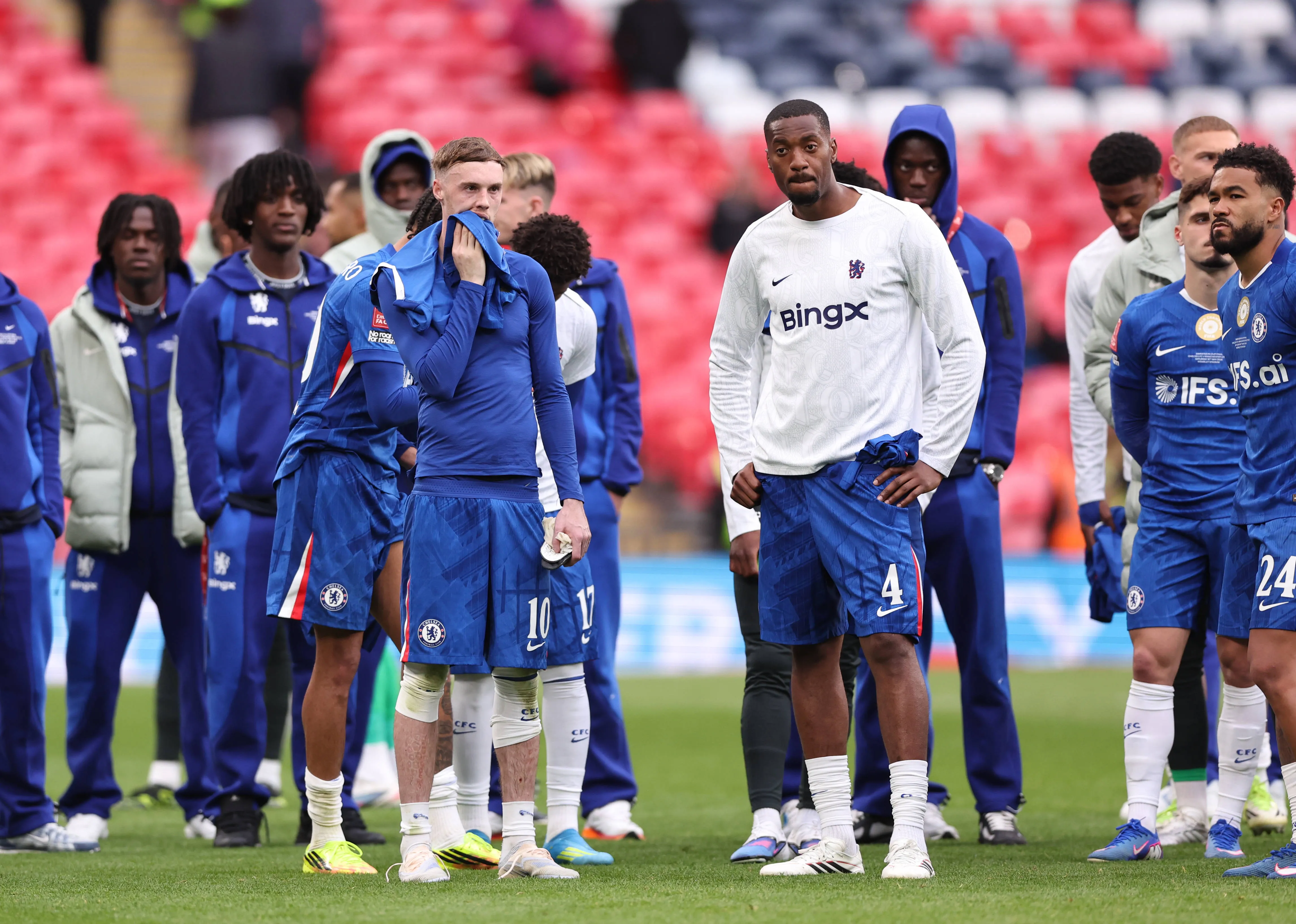Dejected Cole Palmer of Chelsea and Tosin Adarabioyo of Chelsea during the Chelsea vs Manchester City FA Cup Final match at Wembley Stadium, London