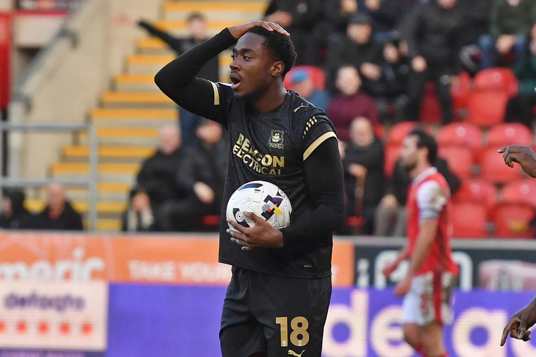 Plymouth Argyle forward Owen Oseni 18 in despair at goal flagged offside during the EFL Sky Bet League 1 match between Rotherham United and Plymouth Argyle