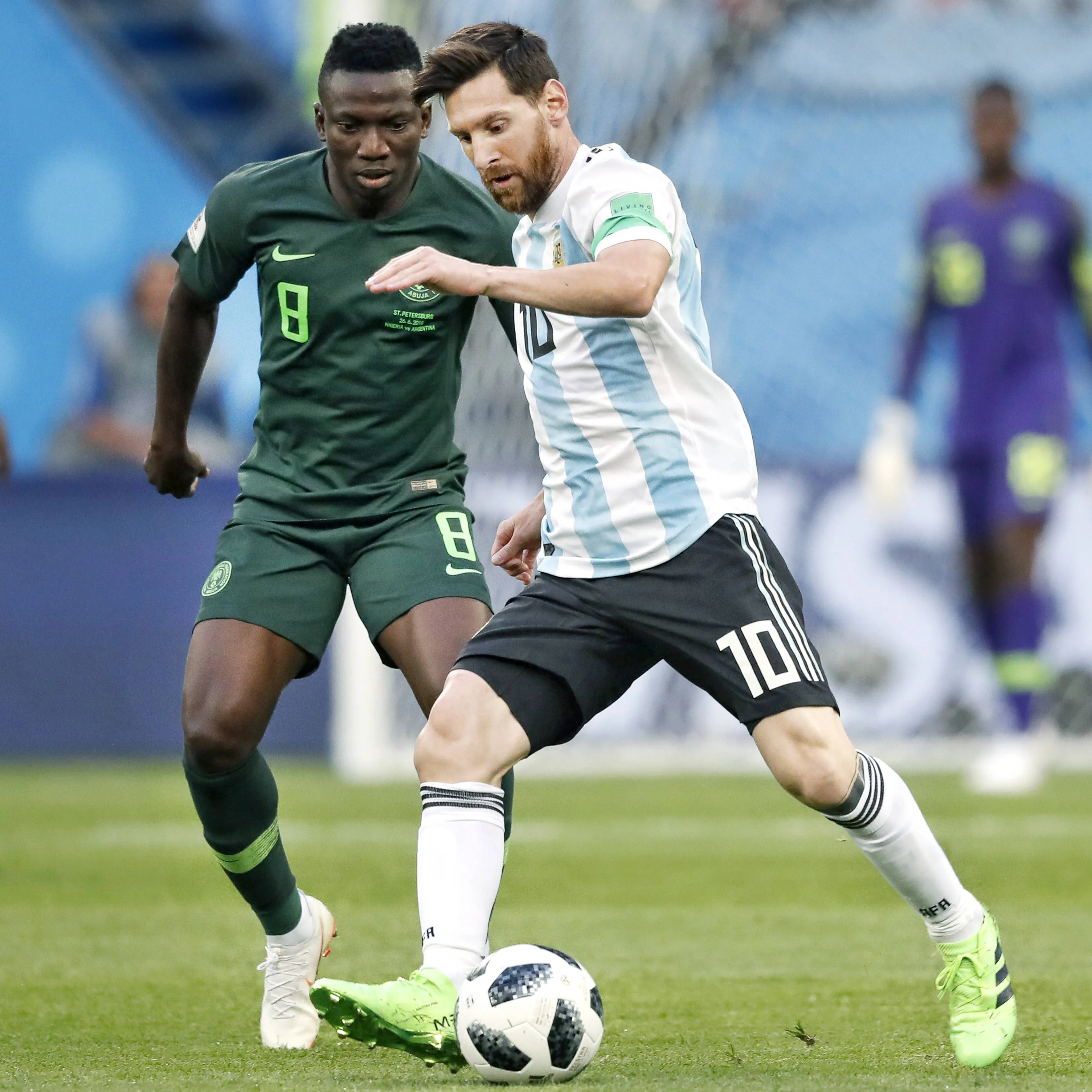 Super Eagles midfielder Oghenekaro Etebo and Argentina Lionel Messi  during the match Nigeria - Argentinia 1-2 
