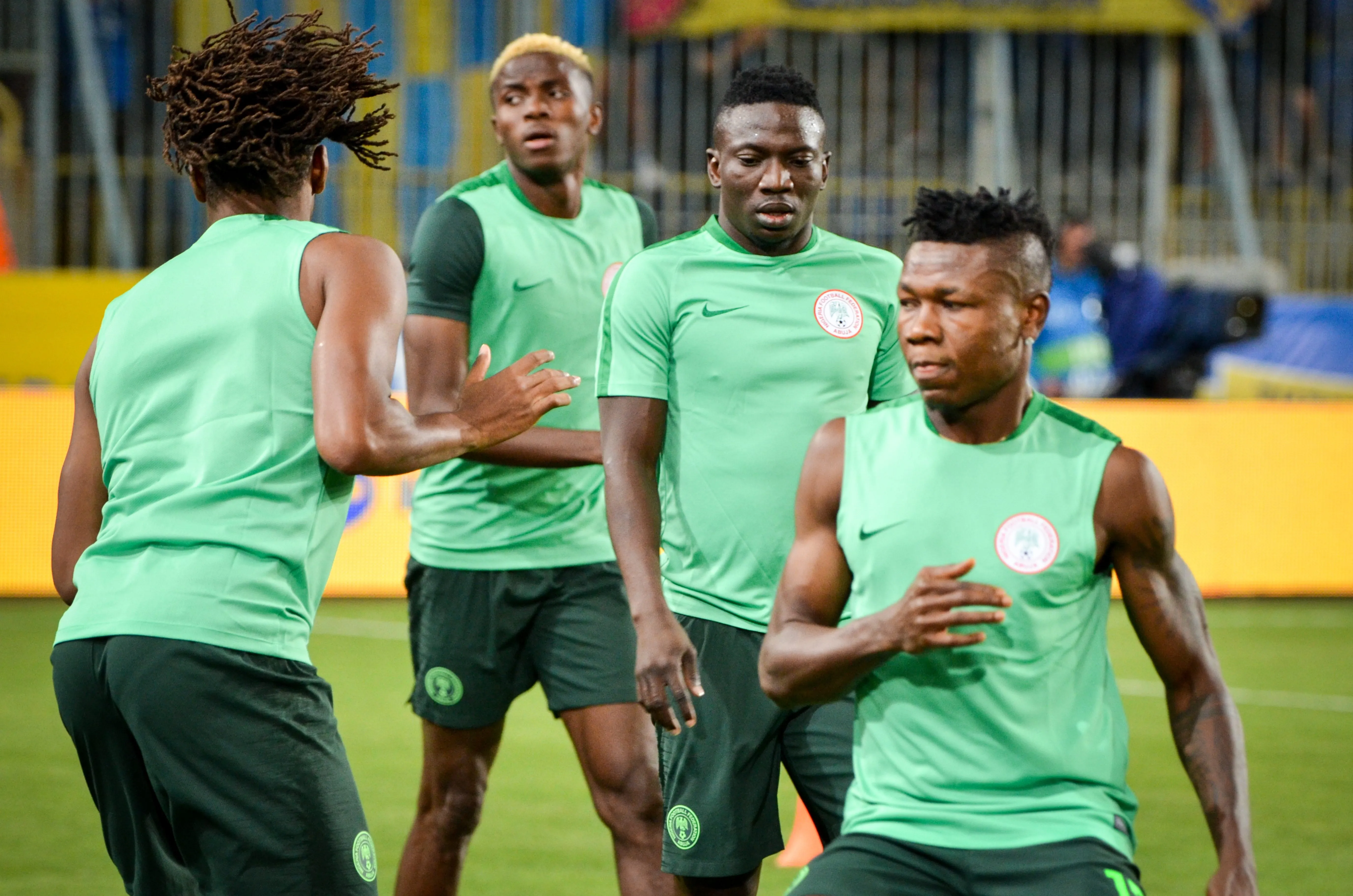 Victor Osimhen, Peter Etebo, and Samuel Kalu in Super Eagles training.