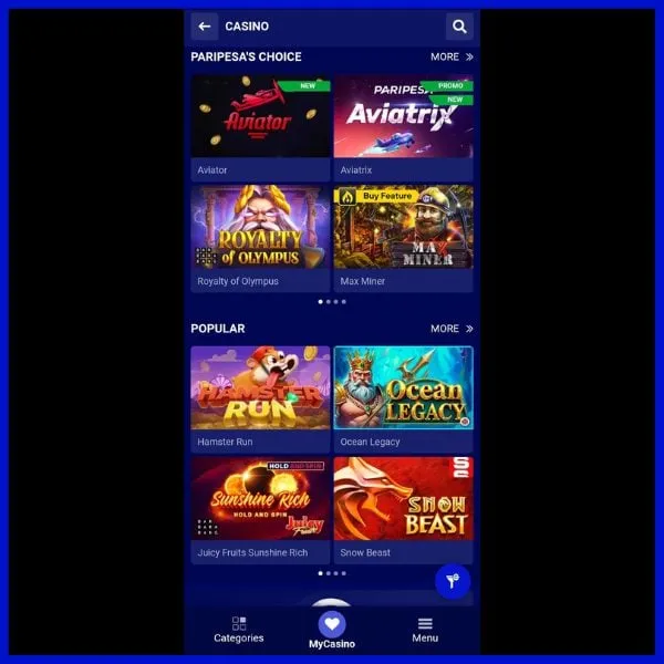 Paripesa.ng casino app interface showing game options like Aviator, Aviatrix, Dynasty of Olympus, The Mummy Win Hunters, Monster Run, Ocean Legacy, and others. 