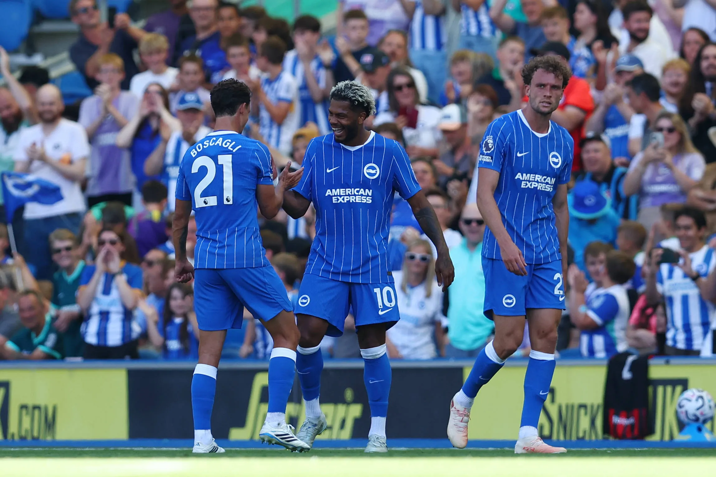 Georginio Rutter of Brighton Hove Albion celebrates after scoring the opening goal during the Brighton and Hove Albion vs AS Roma Pre Season Friendly match at the AMEX Stadium, Brighton and Hove.