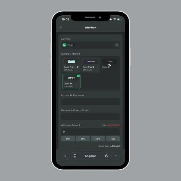 BC.Game withdrawal page with options like OPay, Bank Transfer, Paga, and PalmPay.