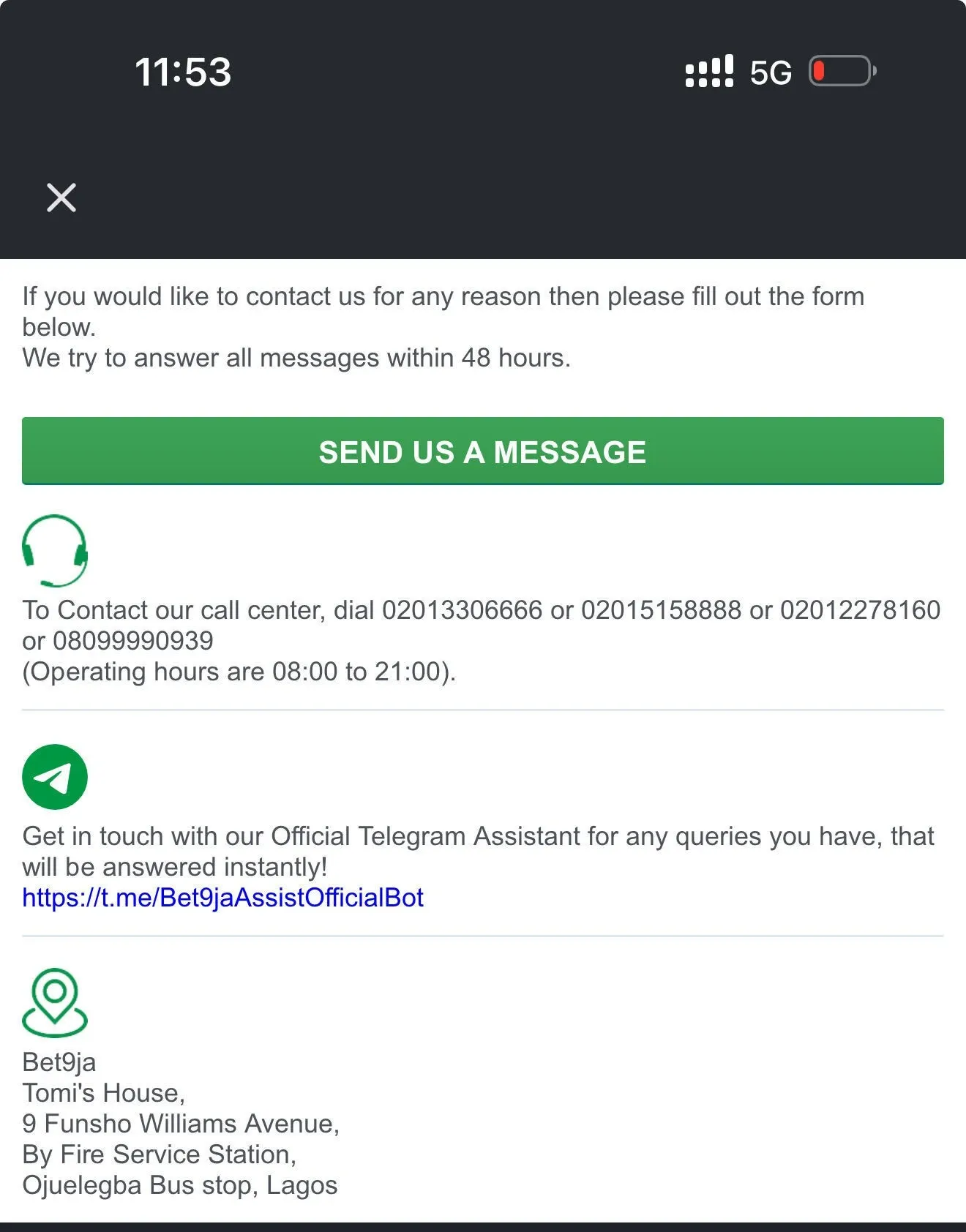 Bet9ja customer support channels in Nigeria