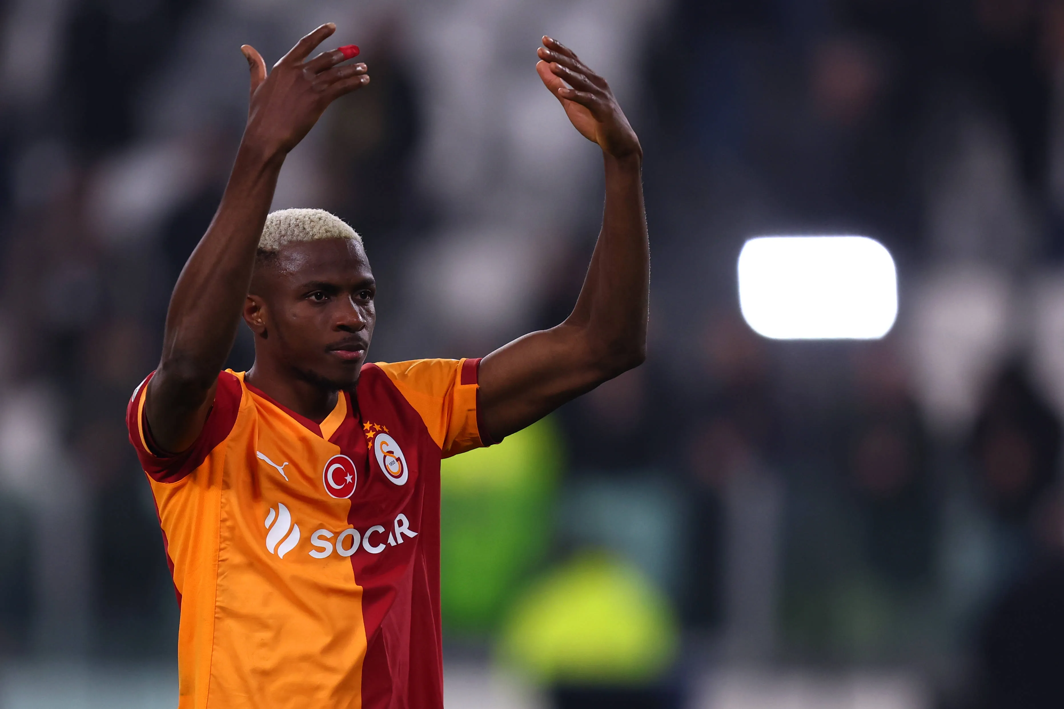 Victor Osimhen celebrates at the end of the UEFA Champions League match between Juventus Fc and Galatasaray
