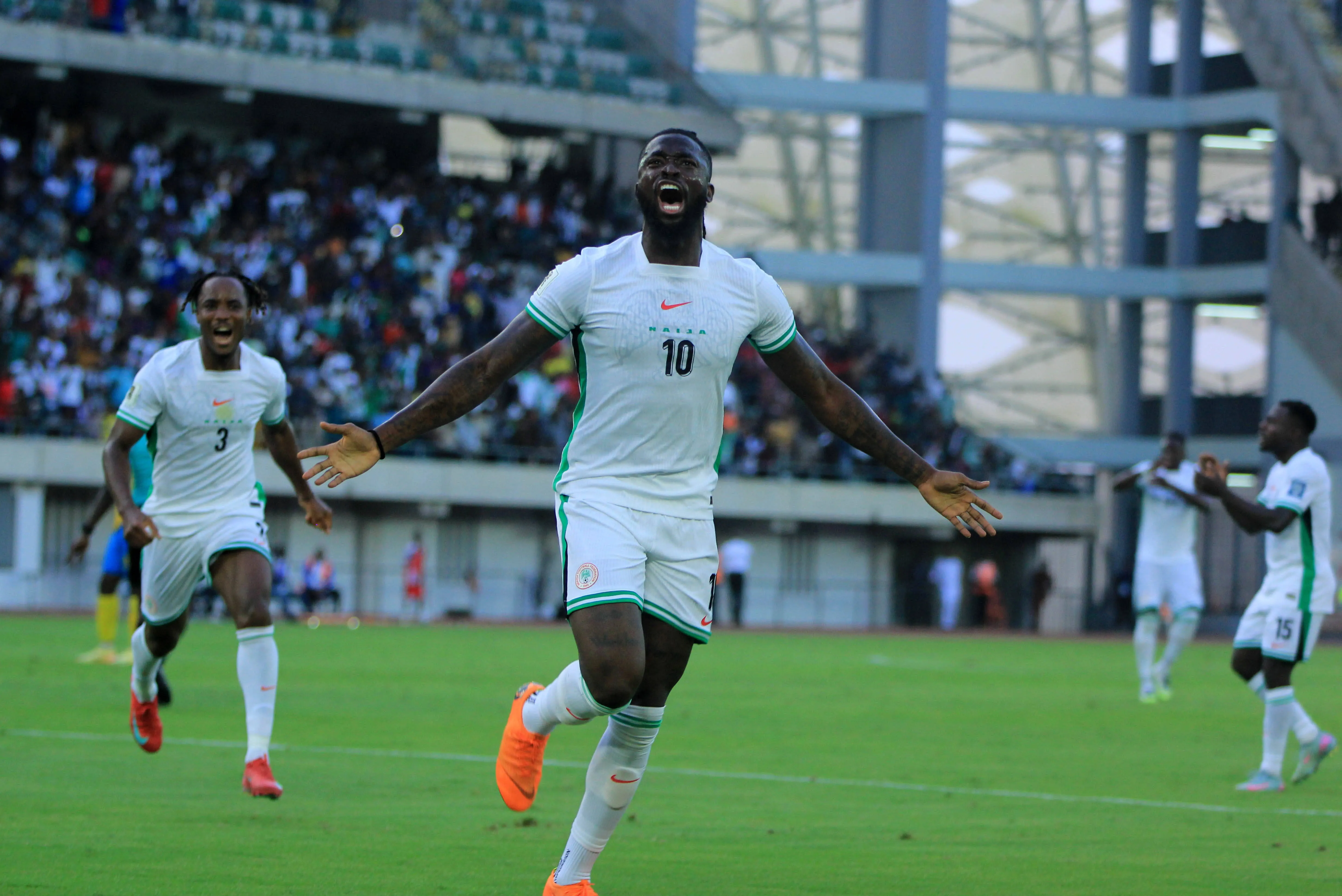 Tolu Arokodare and Bruno Onyemaechi during the 2026 FIFA World Cup qualifier between the Super Eagles of Nigeria and the Amavubi of Rwanda