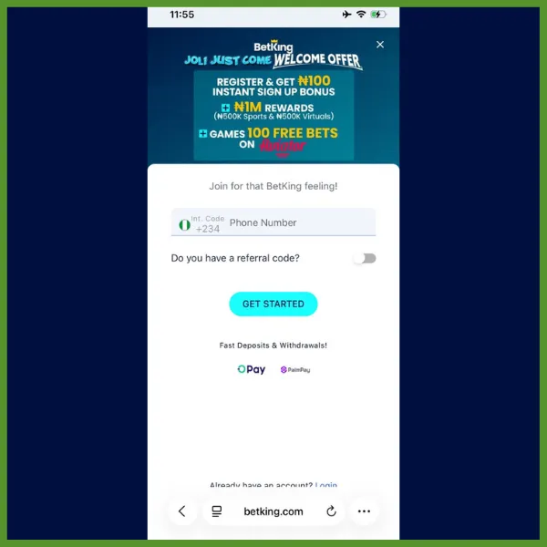 BetKing Registration Page showing their no deposit offer