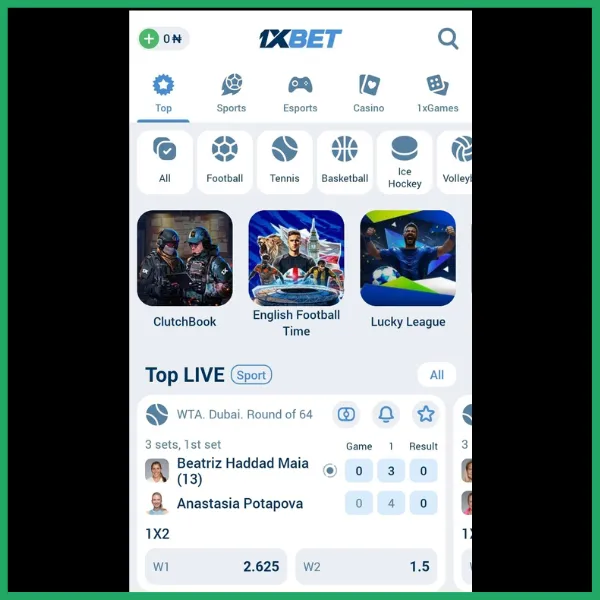 1xBet home screen with sports categories at the top, featured events, and live tennis match odds.