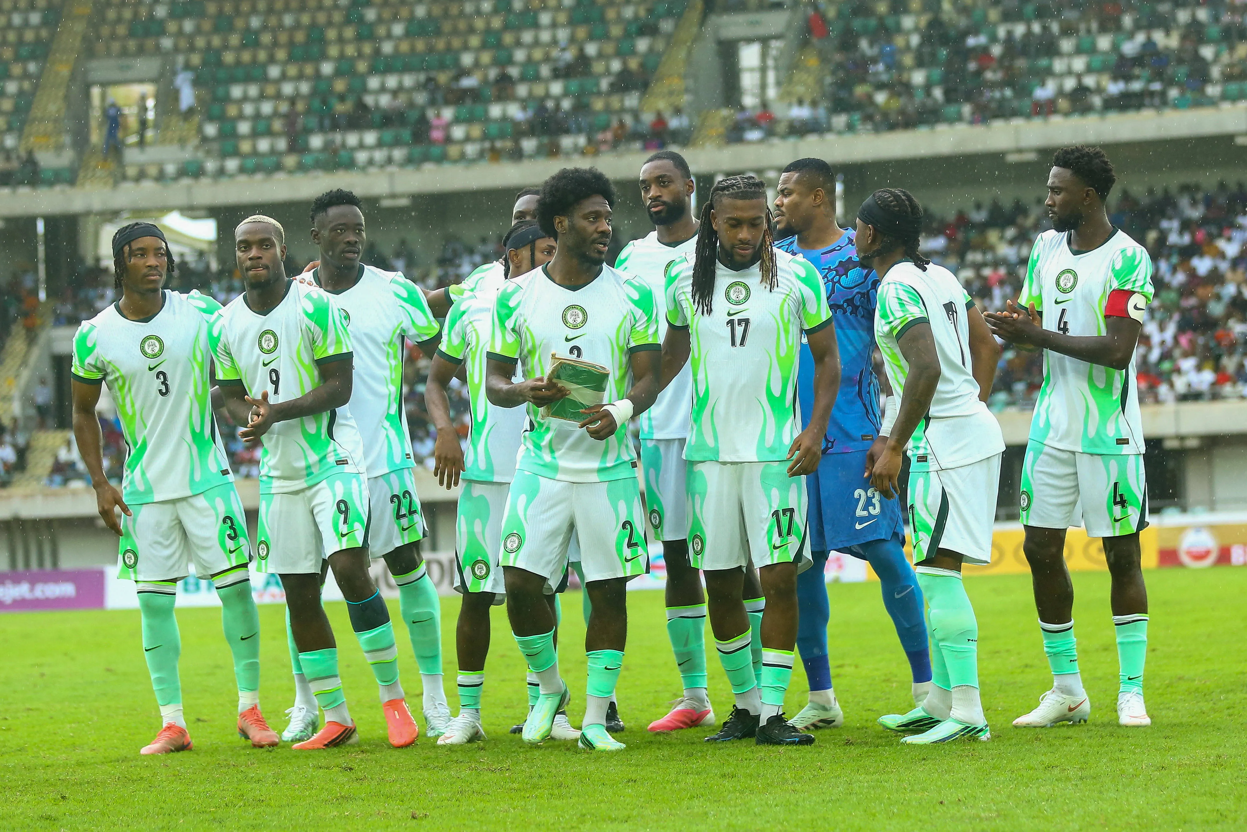 Super Eagles stars Ola Aina, Alex Iwobi, Ademola Lookman, Wilfred Ndidi, George Ilenikhena, Onyemaechi Bruno, Stanley Nwabali