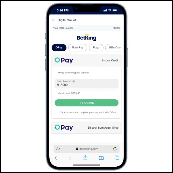 BetKing deposit page showing OPay selected as the payment method with a ₦5,000 deposit amount entered.
