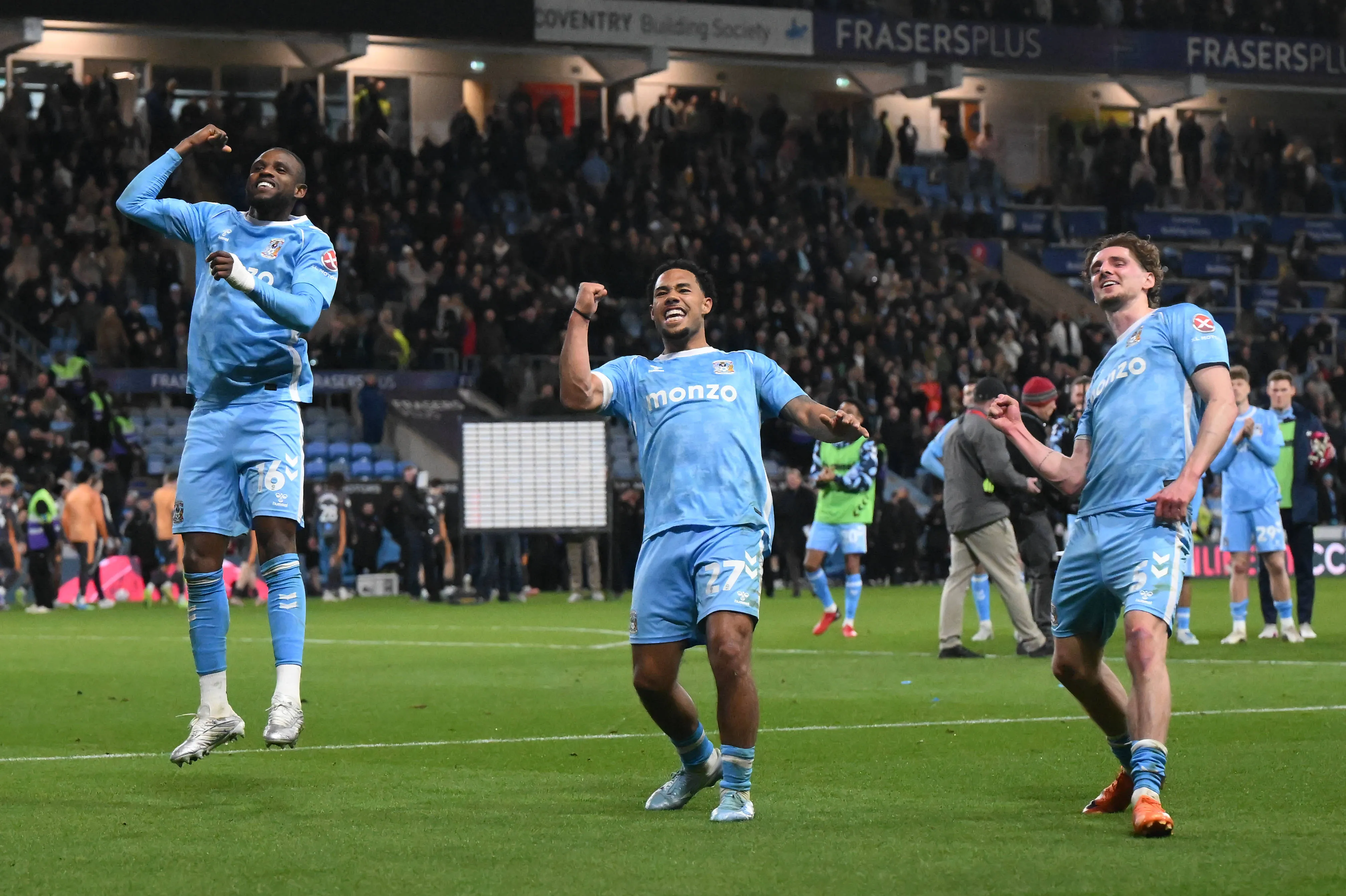 Frank Onyeka, Milan Van Ewijk, and Jack Rudoni of Coventry City celebrate