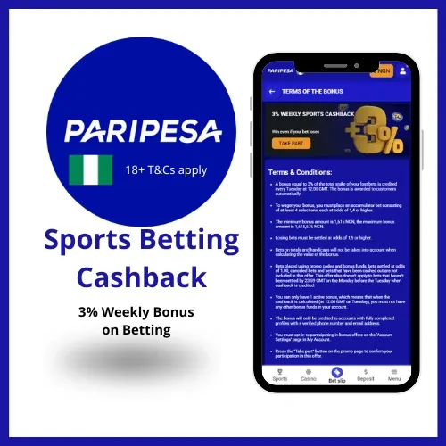 Paripesa 3% cashback bonus for football betting on World Cup 2026 matches.