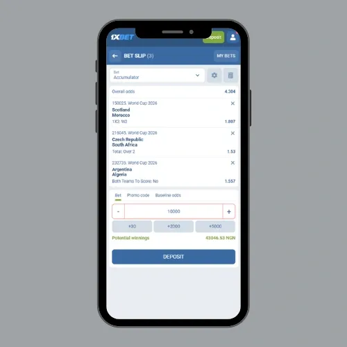 1xBet World Cup bet slip with three matches and total odds of 4.364.