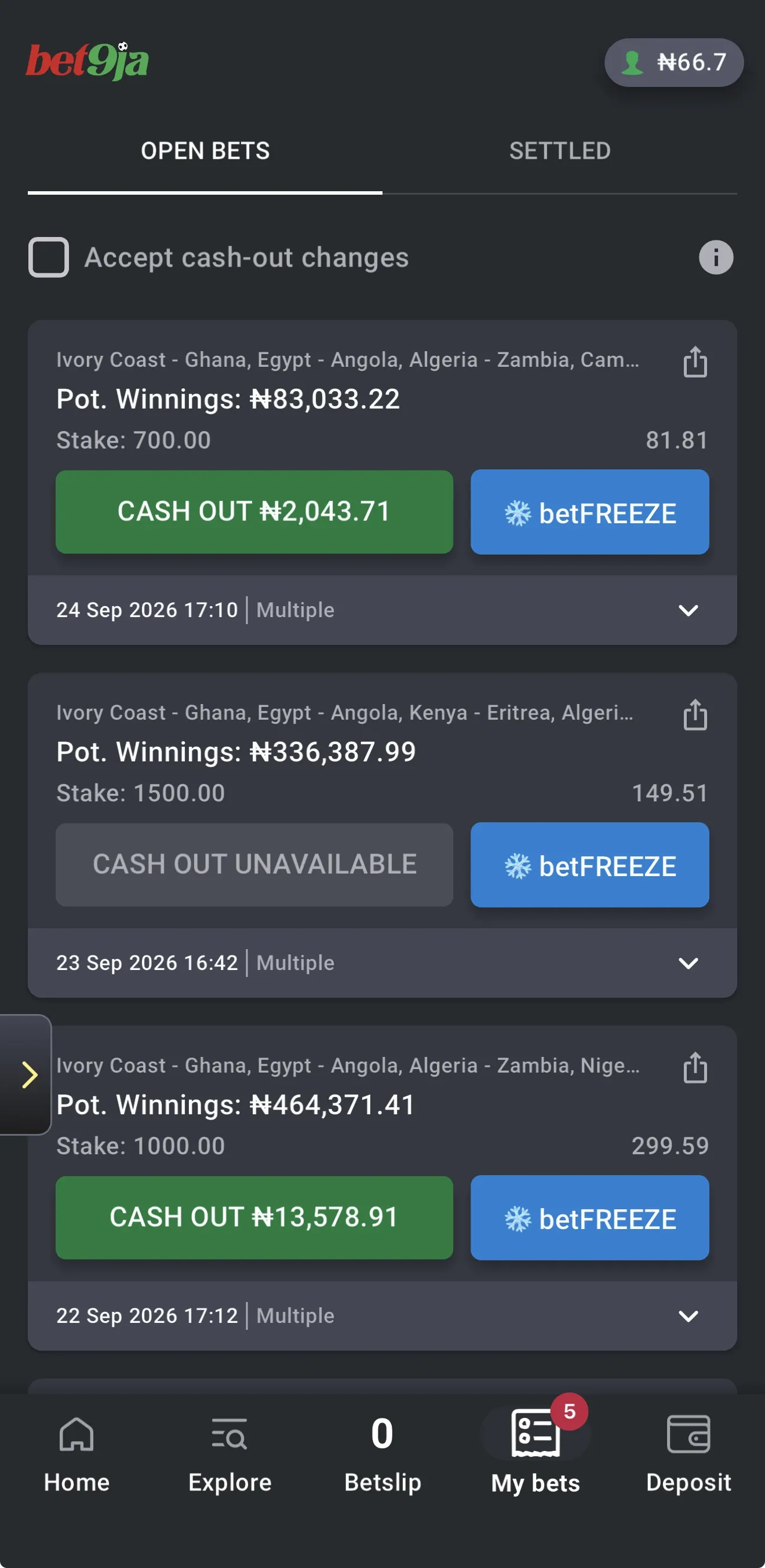Open bets on Bet9ja showing available and unavailable cash out options