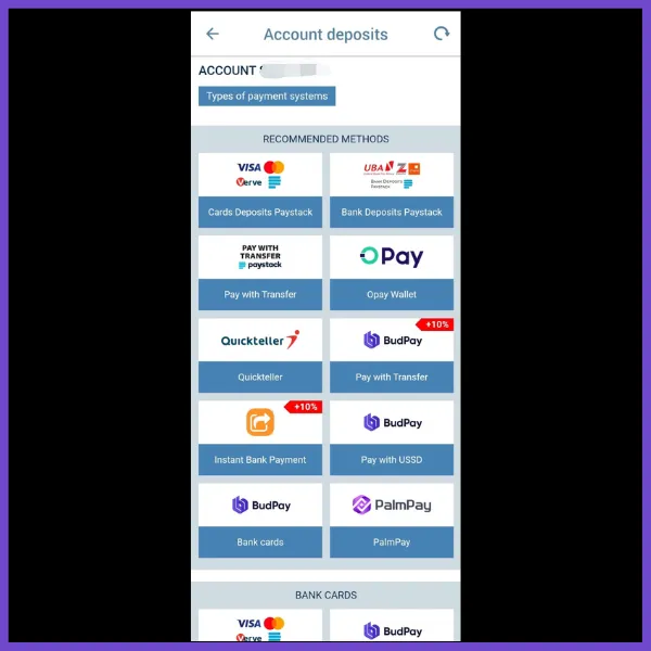 1xBet deposit options page displaying various recommended methods such as Visa, Verve, UBA Bank Deposits, Pay with Transfer, Opay Wallet, Quickteller, BudPay (Transfer and USSD), Instant Bank Payment, and PalmPay. Includes bank cards and other payment systems with additional features like a 10% bonus on select options.
