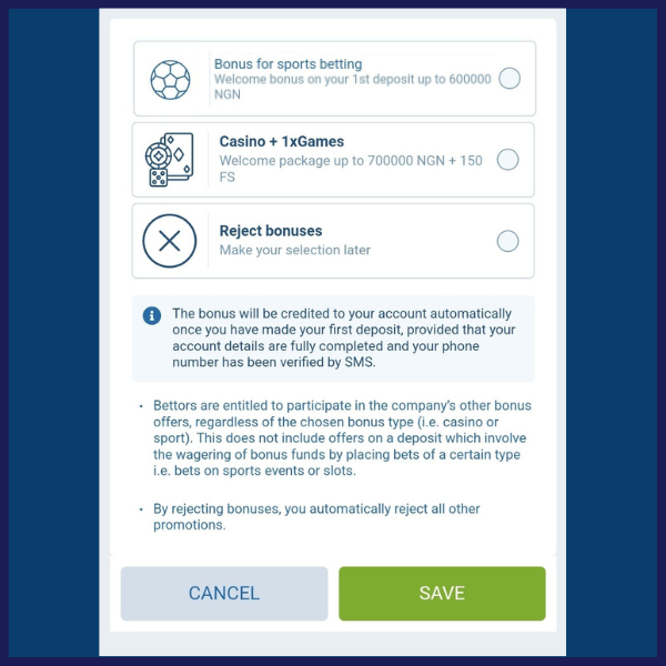 Bonus selection screen with options for sports betting, casino games, or rejecting bonuses, along with terms and conditions.