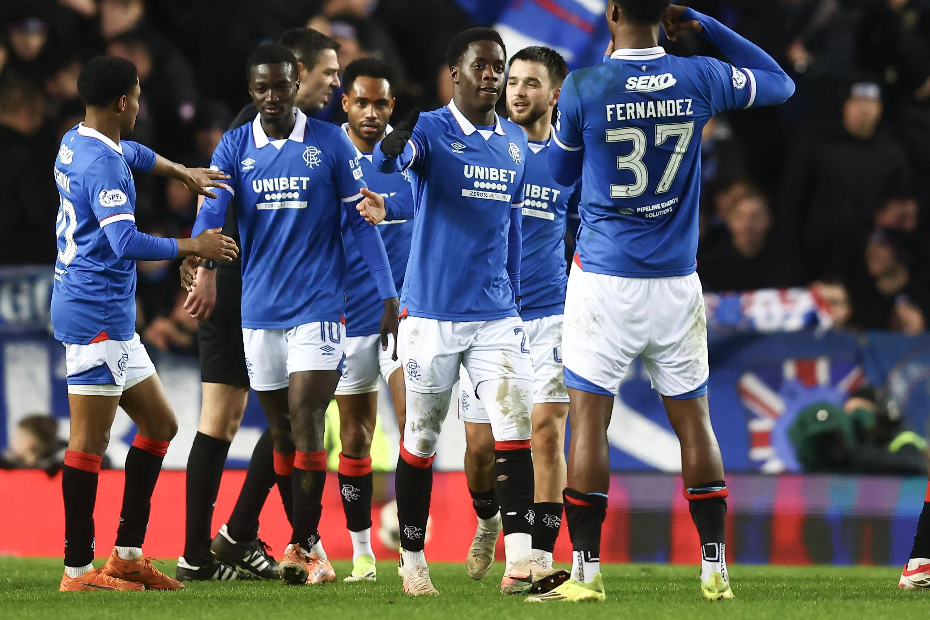 Scottish Premiership Football, Rangers versus Dundee Djeidi Gassama of Rangers is congratulated after scoring for 3-0 by Emmanuel Fernandez.