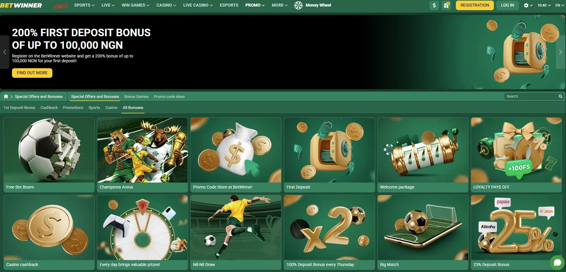 Betwinner promo page with listed promotions and bonuses for sports bettors and casino players.